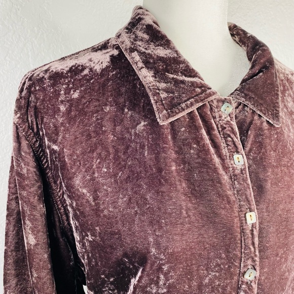 J.Jill Brown Crushed Velvet 100% Rayon High/Low Long Sleeve Button down Shirt - Picture 9 of 13